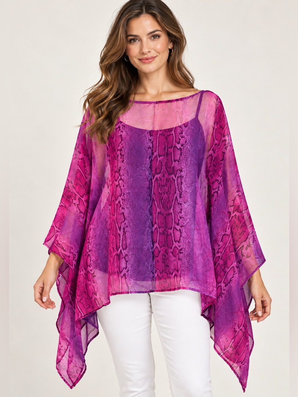 Purple Snakeskin Print Sheer Poncho Top with Camisole One Size